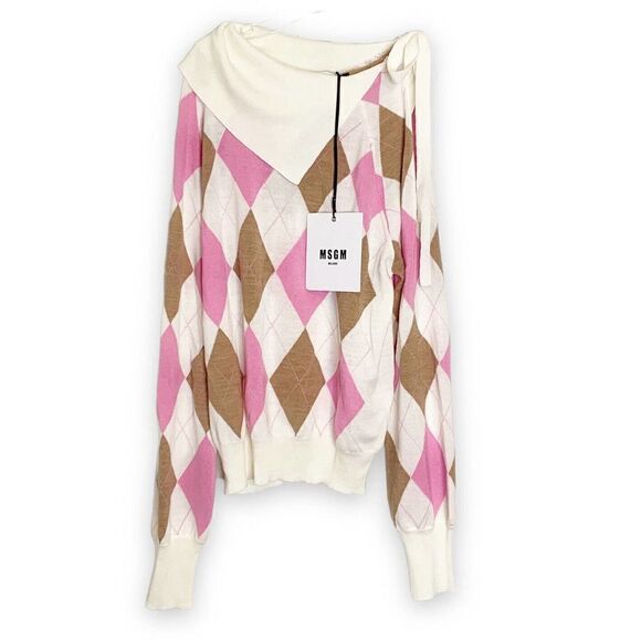 MSGM Argyle Checked The Finicky Filly Pullover Wool Cut Out Sleeve Sweater M NEW - Picture 4 of 11